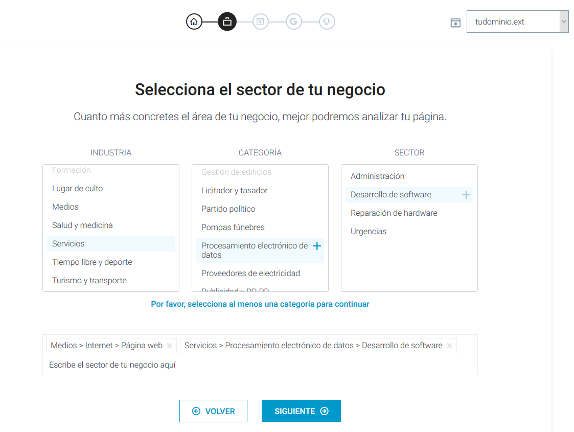 Elección de la industria, categoría y sector de un negocio de una web en rankingCoach