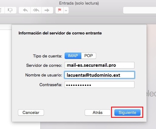 configurar servidor correo entrante SO Mac