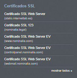 Certificados SSL en el panel de control de Nominalia