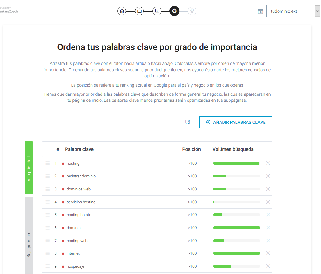 Palabras clave, volumen de búsquedas y priodidad en tu coach de SEO rankingCoach