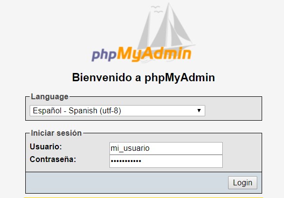 intriducir usuario y contraseña de una base de datos en phpmyadmin