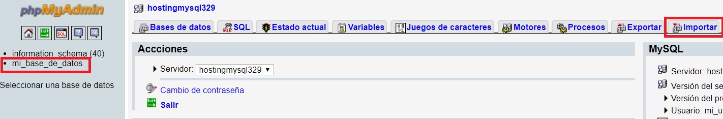 importación de database en hosting linux de Nominalia