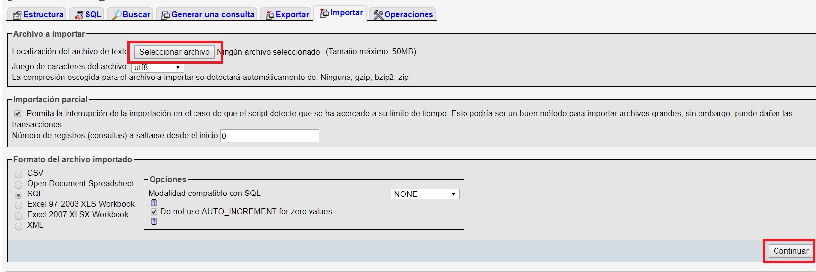 importar database desde ordenador