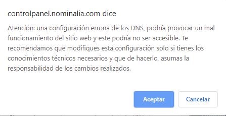 Cuadro de advertencia Panel Control de Nominalia