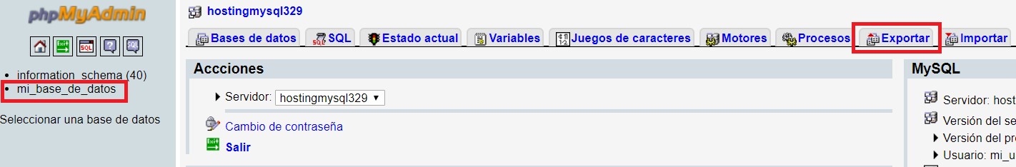 Exportación de base de datos MySQL