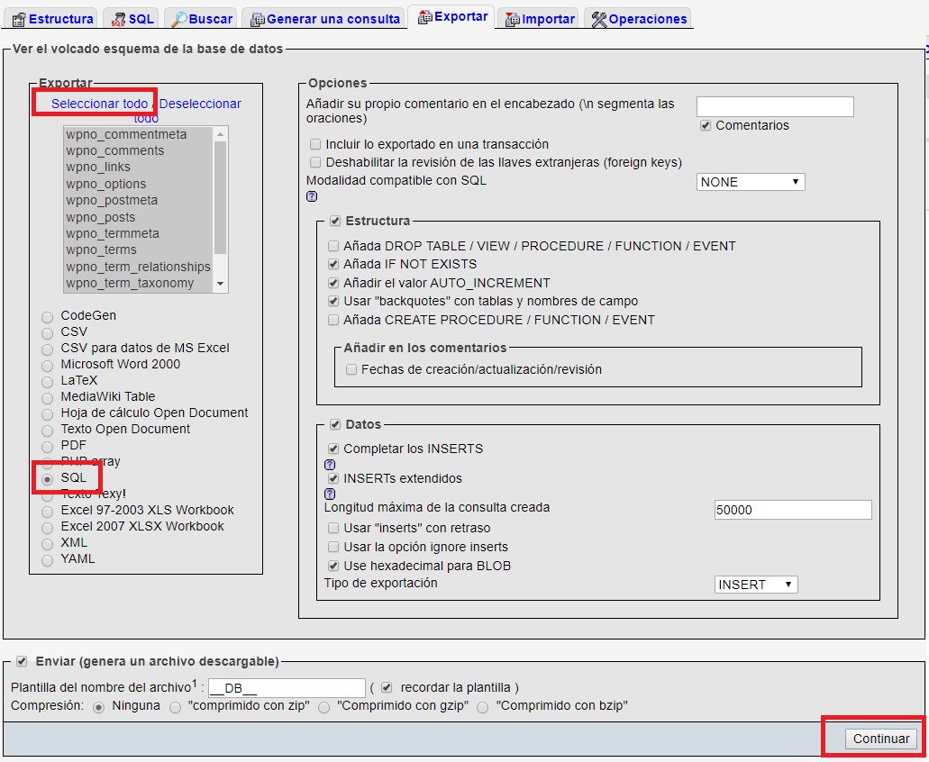 Bajar base de datos