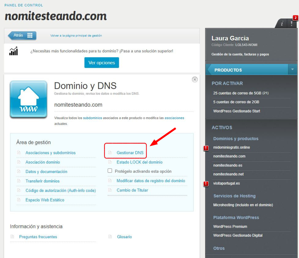 Enlace para acceder a la gestión de DNS en Nominalia