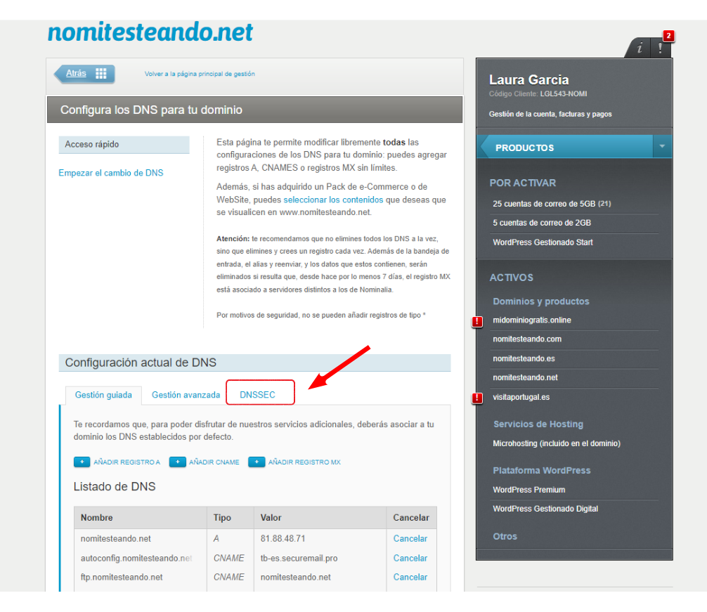 Gestión de DNS en el dominio de Nominalia