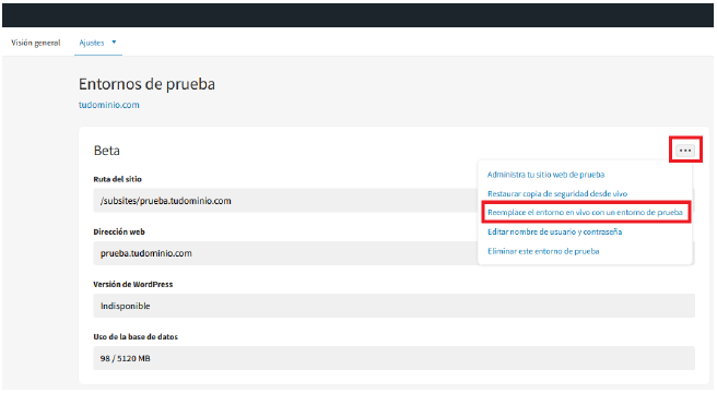 Cómo convertir un entorno de pruebas en el sitio web principal