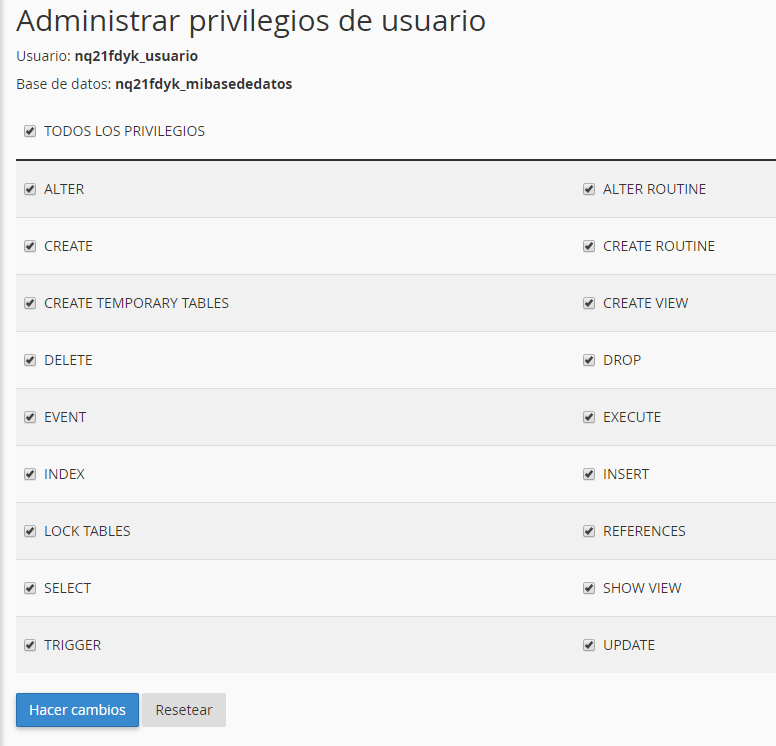 asignar privilegios a usuario base de datos