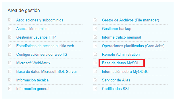 Imagen 2 - Cómo crear una base de datos MySQL - Área de gestión