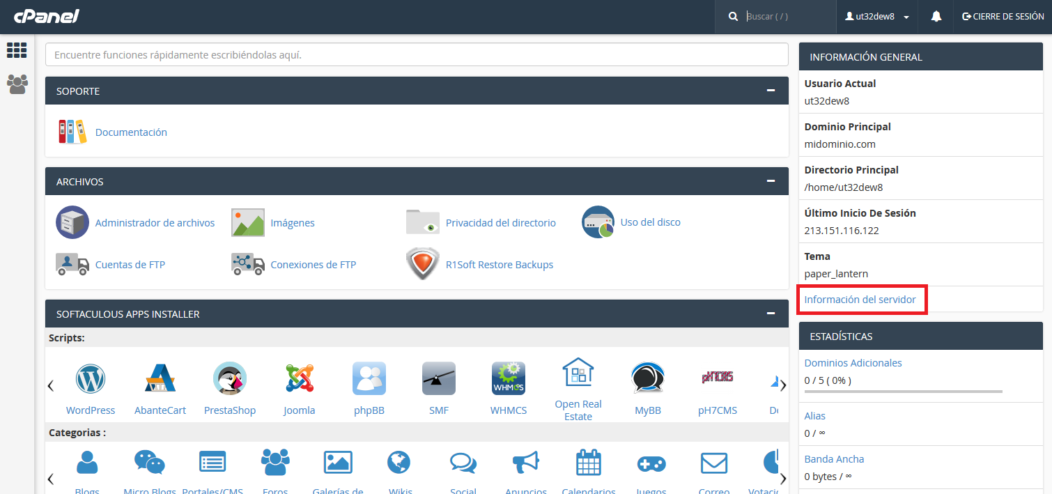 Información del servidor en Cpanel