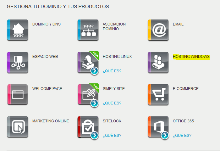 Hosting Windows en panel de control de Nominalia