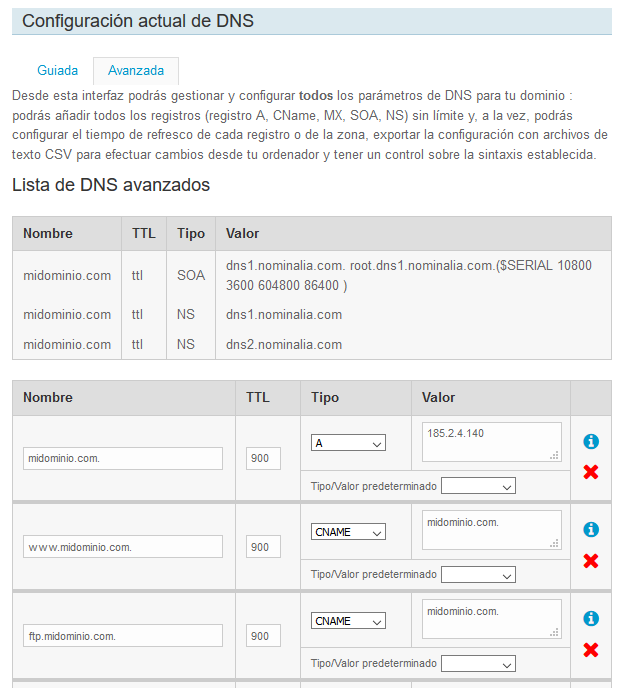 Configurar DNS en el panel de Nominalia