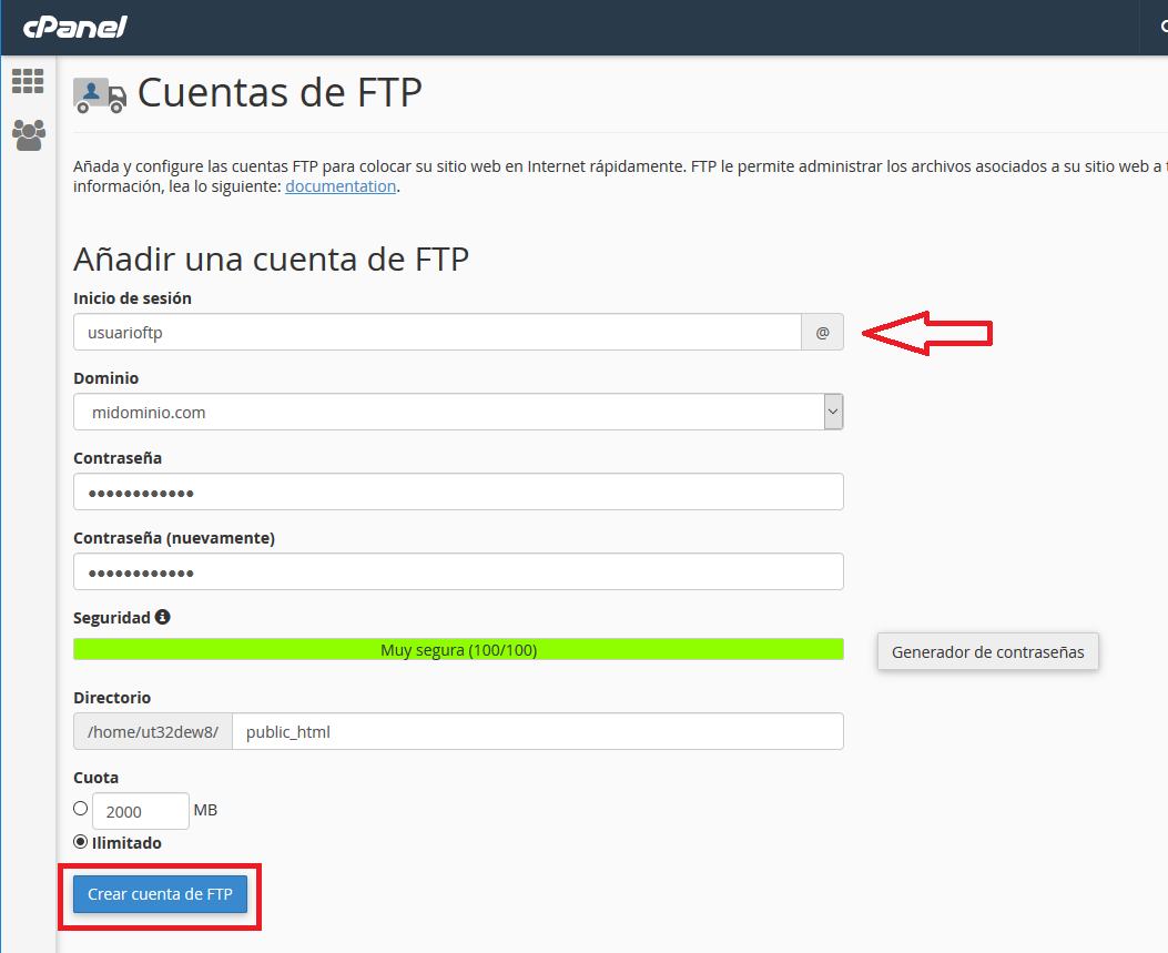 Crear cuenta FTP en panel Cpanel