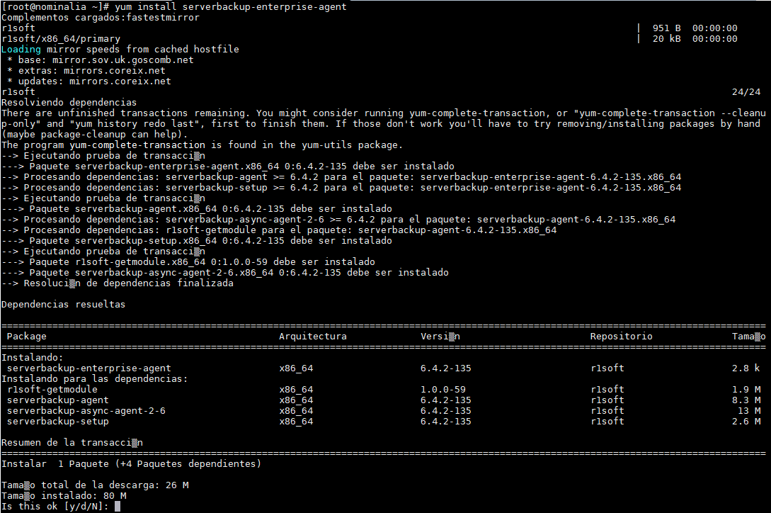 Una vez configurado el repositorio de YUM, podremos instalar el agente del backup con el comando yum install serverbackup-enterprise-agent