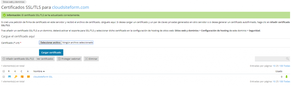 Imagen 9 - Cómo instalar un certificado SSL en Plesk Onyx - Instalado