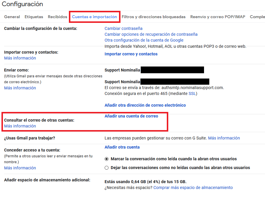 Imagen 2 - Configurar una cuenta de correo de Nominalia en Gmail - Cuentas e importación