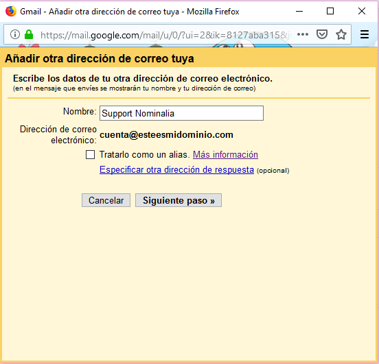 Imagen 7 - Configurar una cuenta de correo de Nominalia en Gmail - Datos dirección