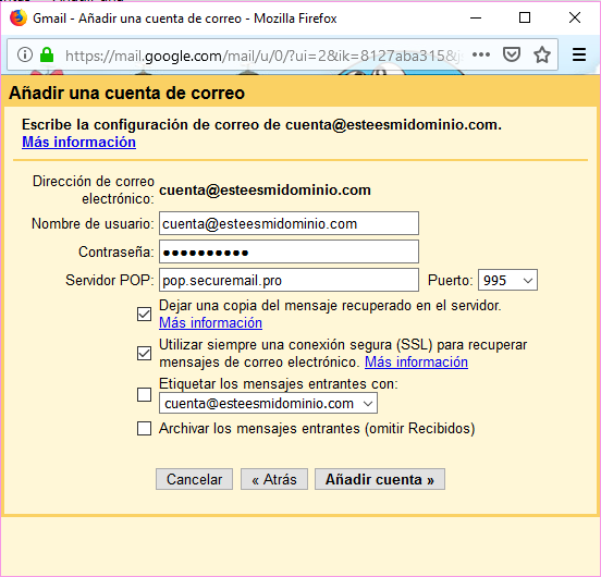 Imagen 5 - Configurar una cuenta de correo de Nominalia en Gmail - Datos para POP3