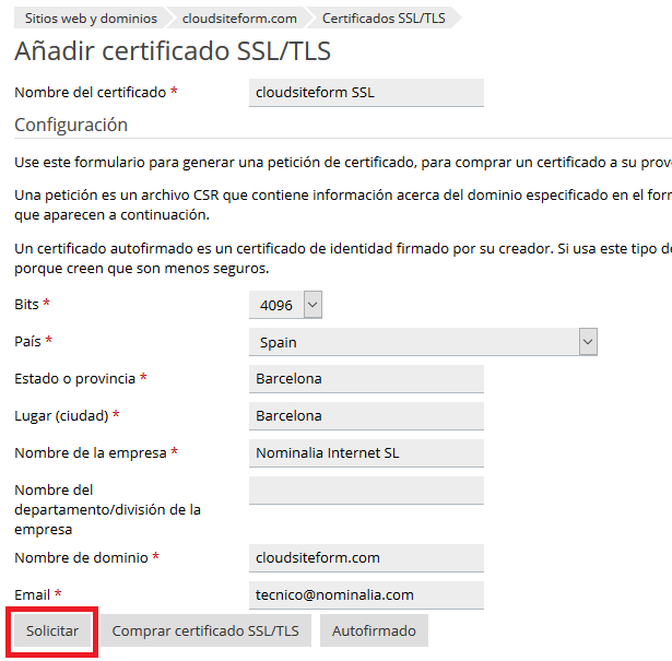 Imagen 3 - Cómo instalar un certificado SSL en Plesk Onyx - Generar CSR