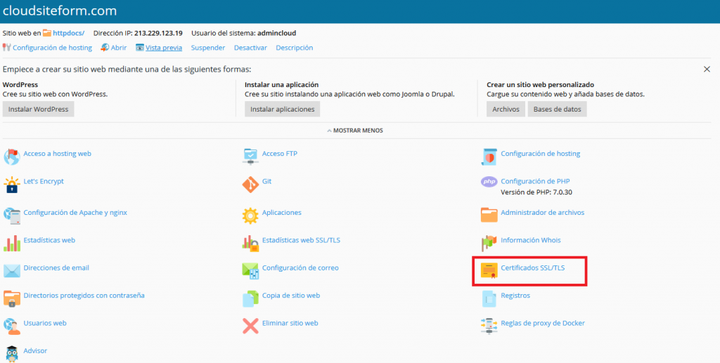 Imagen 1 - Cómo instalar un certificado SSL en Plesk Onyx - Panel de Control