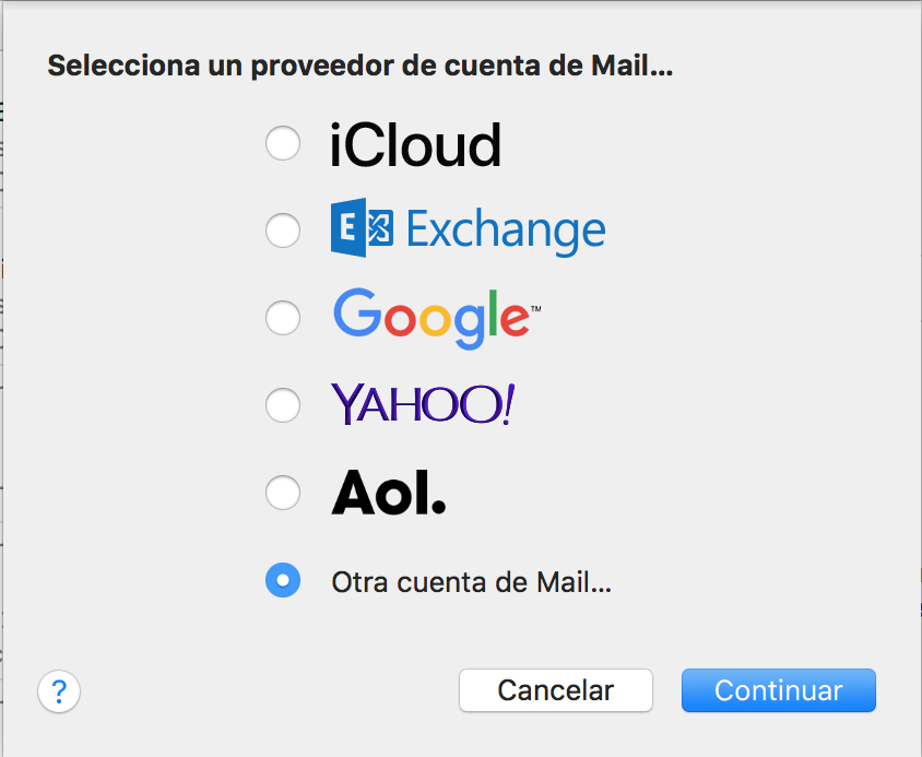 Imagen 2 - Configurar un correo en Mail de Mac OS High Sierra y Mojave Seleccionar proveedor