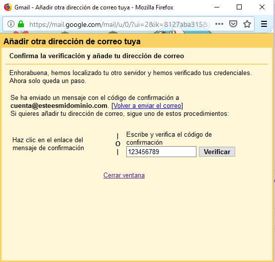 Imagen 9 - Configurar una cuenta de correo de Nominalia en Gmail - Confirmar Verificar Cuenta