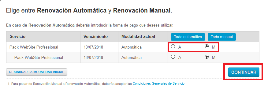 Pasar de renovación automática a manual y viceversa