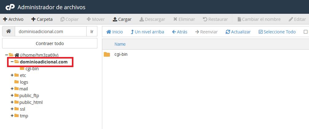 Carpeta para administrar un dominio en cPanel