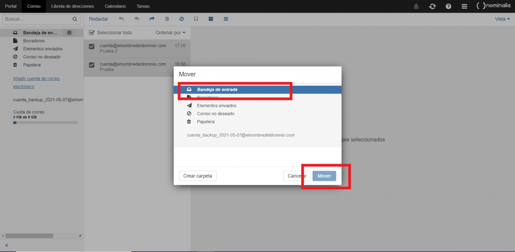 Cómo restaurar un Backup de Email en Nominalia