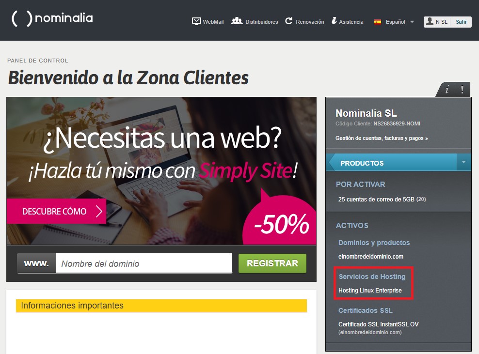 Zona Cliente o panel de control de Nominalia desde donde accedemos a nuestro Hosting Linux Enterprise