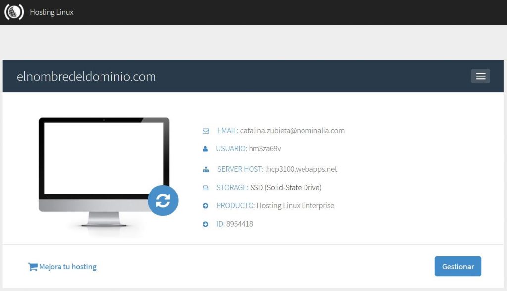 Página de acceso a cPanel con los datos básicos de nuestro Hosting Linux