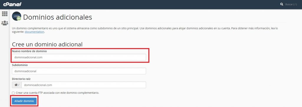 Función de cPanel para añadir un un dominio adicional