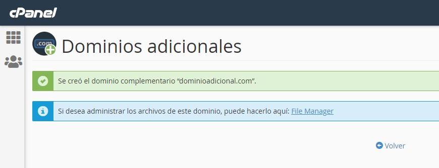 Confirmación en cPanel de que se ha agregado un nuevo dominio adicional