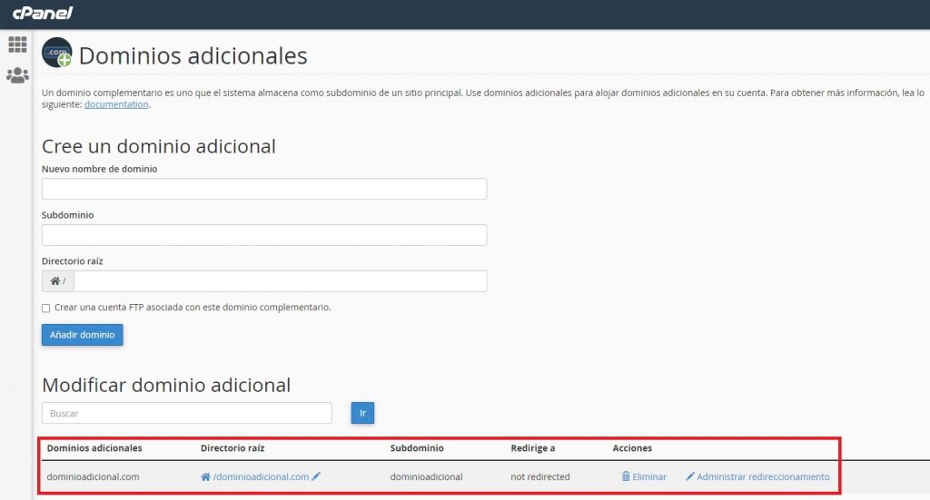 Visualización de dominios adicionales en cPanel